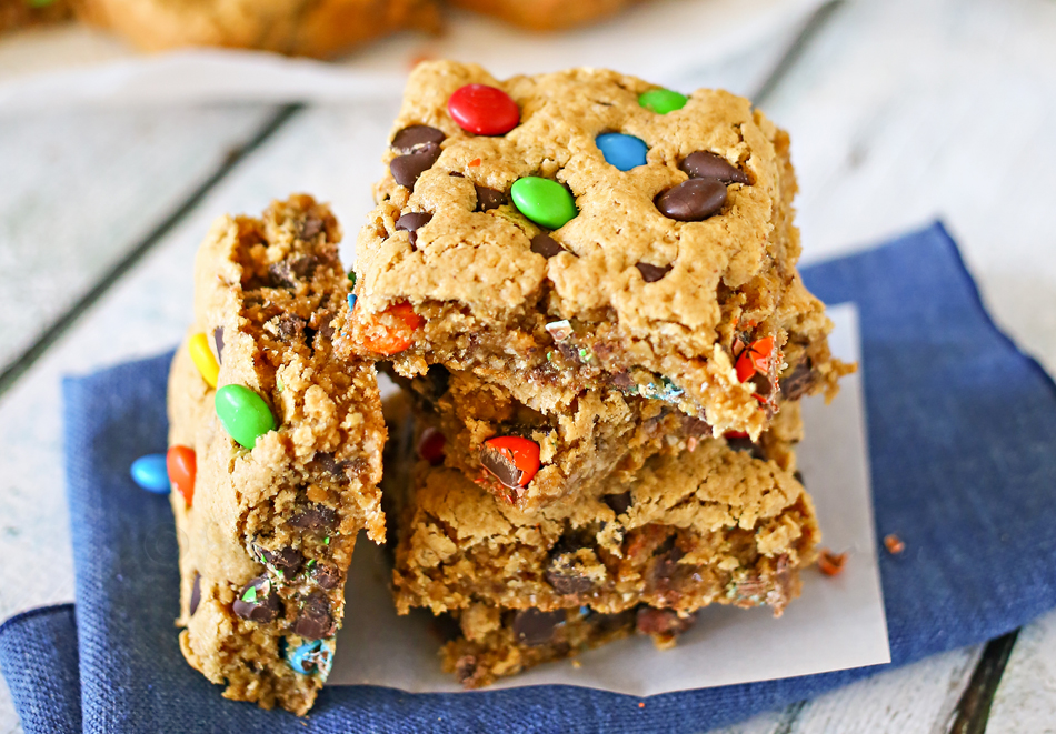 Peanut Butter M&M Cookie Bars - Completely Delicious