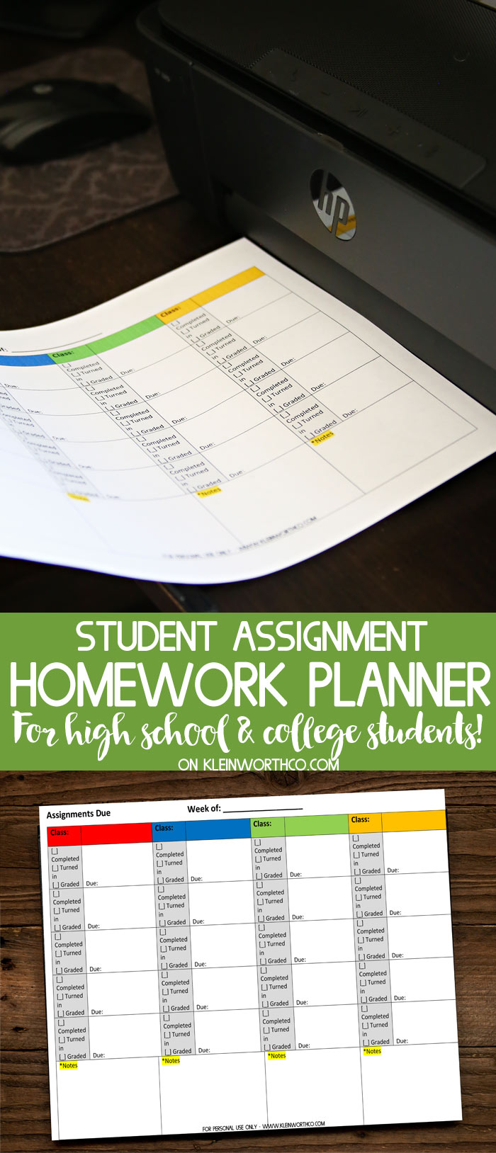 Student Assignment Homework Planner Printable Kleinworth