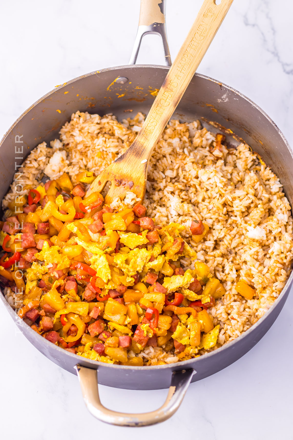 cooking rice in the skillet