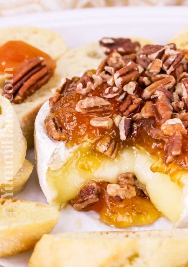 melted cheese with jam and pecans